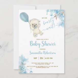 Invitation Boho Teddy Bear Dusty Blue Balloon Baby shower gar