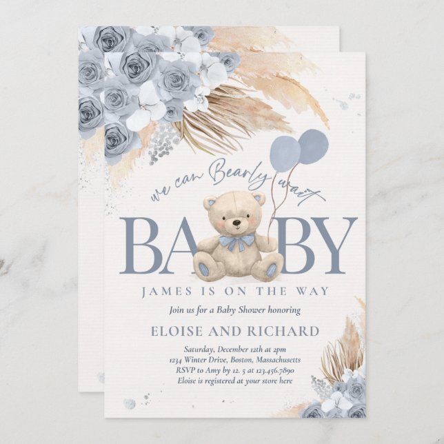 Invitation Boho Teddy Bear Dusty Blue Bearly Wait Baby shower (Devant / Derrière)