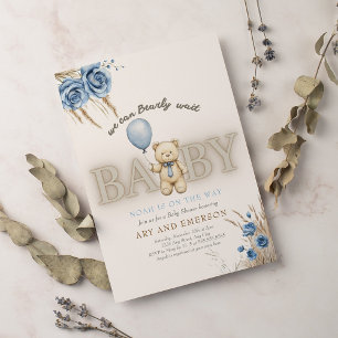 Invitation Boho Teddy Bear Garçon Bleu Bébé d'attente Bébé