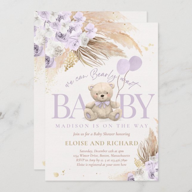 Invitation Boho Teddy Bear Girl Lilac Bearly Wait Baby shower (Devant / Derrière)