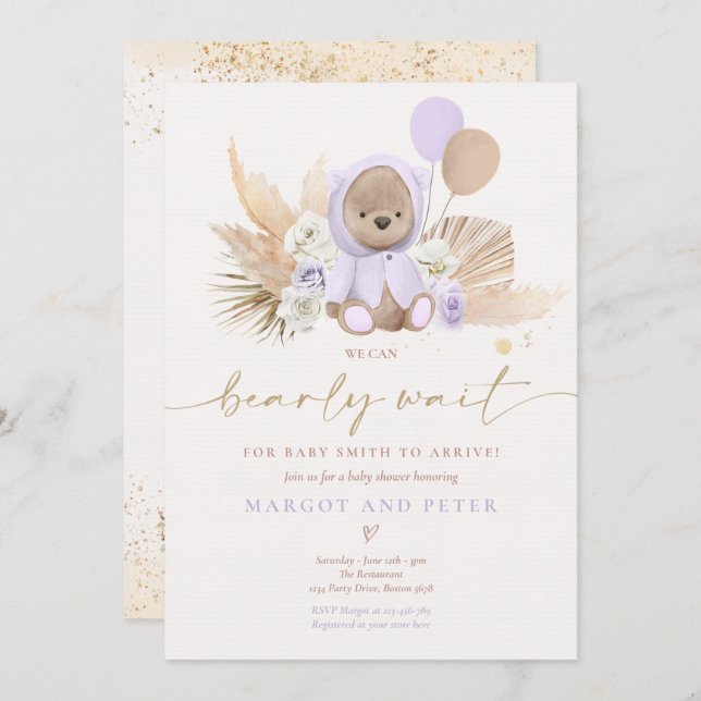 Invitation Boho Teddy Bear Girl Lilac Bearly Wait Baby shower (Devant / Derrière)