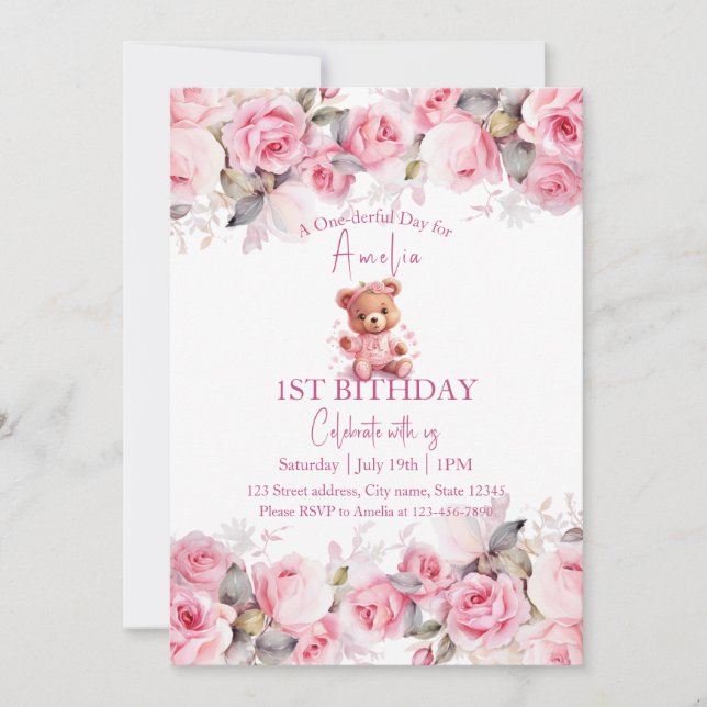 Invitation Boho Teddy Bear Girl Pink Bear Floral Birthday  (Devant)