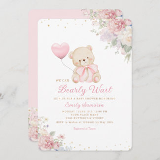 Invitation Boho Teddy Bear Girl Pink Bearly Wait Baby Shower