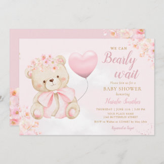 Invitation Boho Teddy Bear Girl Pink Bearly Wait Baby Shower