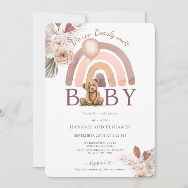 Invitation Boho Teddy Bear Girl Rose Bearly Wait Baby shower (Devant)