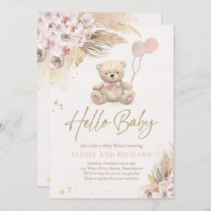 Invitation Boho Teddy Bear Girl Rose Bearly Wait Baby shower