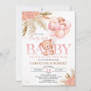Invitation Boho Teddy Bear Girl Rose Bearly Wait Baby shower
