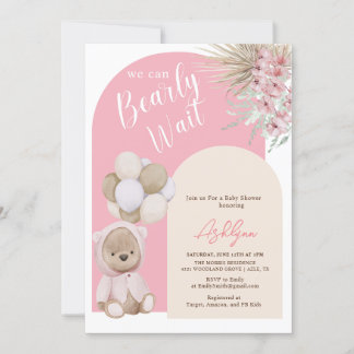 Invitation Boho Teddy Bear Girl Rose Bearly Wait Baby shower