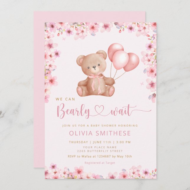 Invitation Boho Teddy Bear Girl Rose Bearly Wait Baby shower (Devant / Derrière)