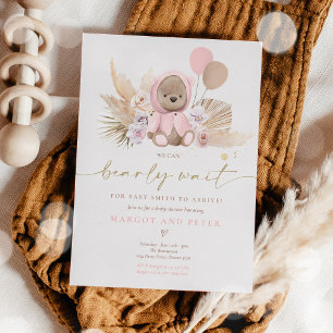 Invitation Boho Teddy Bear Girl Rose Bearly Wait Baby shower
