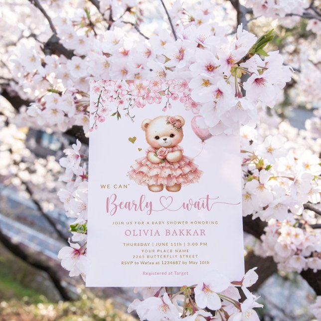 Invitation Boho Teddy Bear Girl Rose Bearly Wait Baby shower (Créateur téléchargé)