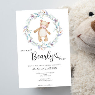Invitation Boho Teddy Bear Girl Rose Bearly Wait Baby shower