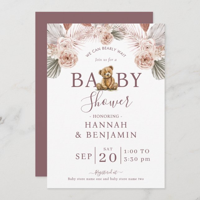 Invitation Boho Teddy Bear Girl Rose Bearly Wait Baby shower (Devant / Derrière)