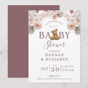 Invitation Boho Teddy Bear Girl Rose Bearly Wait Baby shower