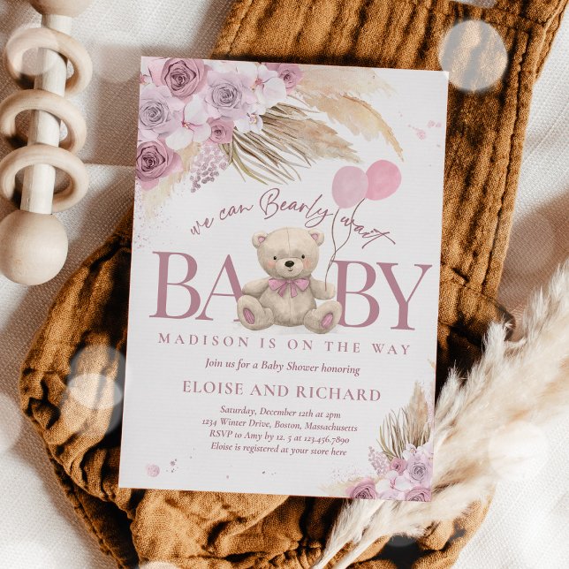 Invitation Boho Teddy Bear Mauve Pink Bearly Wait Baby shower (Créateur téléchargé)
