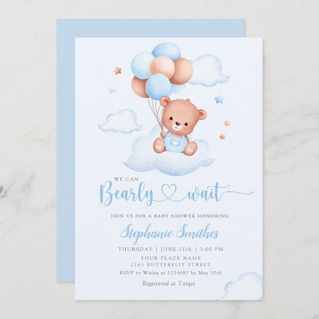Invitation Boho Teddy Bear Nous Pouvons Bearly Wait Baby show (Devant / Derrière)