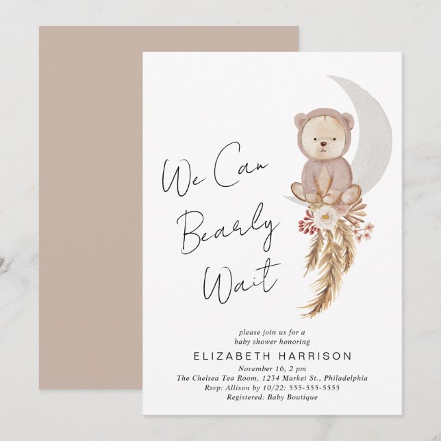 Invitation Boho Teddy Bear Nous Pouvons Bearly Wait Baby show (Devant / Derrière)