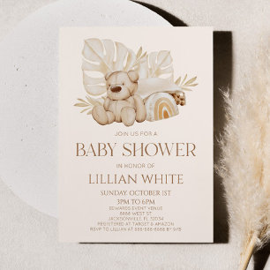 Invitation Boho Teddy Bear Nursery Floral Feuilles Baby showe