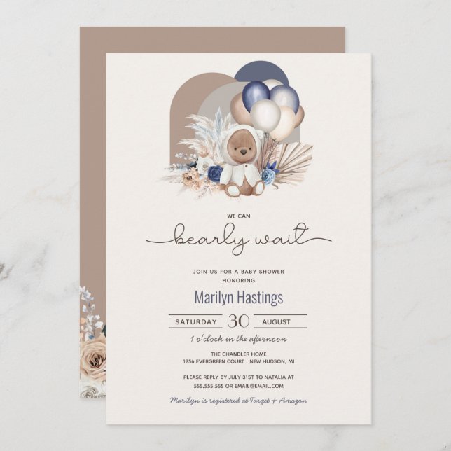 Invitation Boho Teddy Bear, On Peut Attendre Rapidement - Bab (Devant / Derrière)