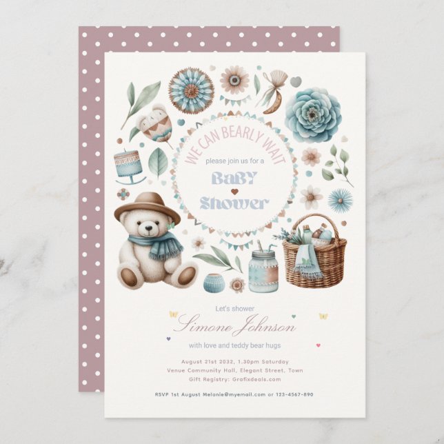 Invitation Boho Teddy Bear Pique-Nique Baby shower Thème Unis (Devant / Derrière)
