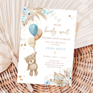 Invitation Boho Teddy Bear Pique-nique Boy Baby shower bleu