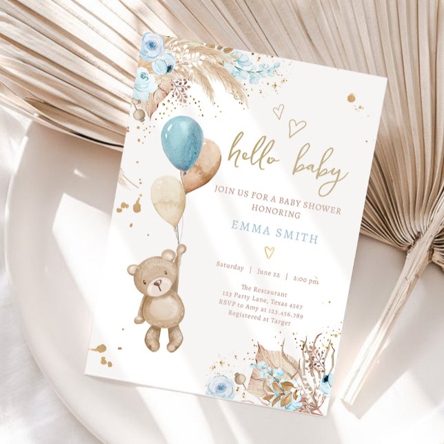 Invitation Boho Teddy Bear Pique-nique Boy Baby shower bleu (Créateur téléchargé)