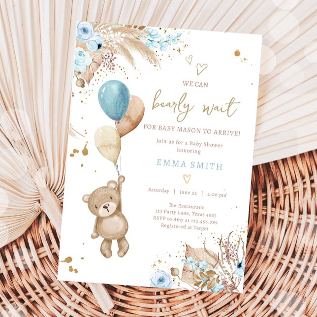 Invitation Boho Teddy Bear Pique-nique Boy Baby shower bleu (Créateur téléchargé)