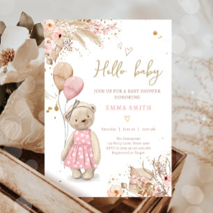 Invitation Boho Teddy Bear Pique-nique Girl Baby shower rose