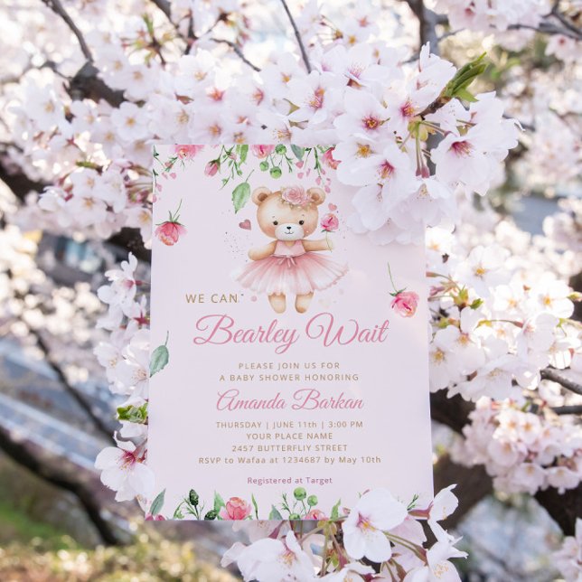 Invitation Boho Teddy Bear rose Bearly Wait Girl Baby shower (Créateur téléchargé)