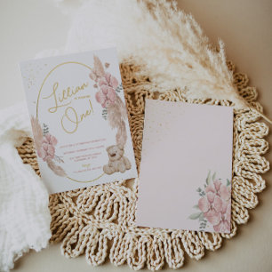 Invitation Boho Teddy Bear rose et or Anniversaire