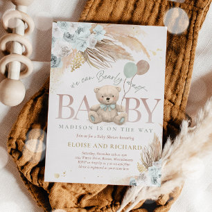 Invitation Boho Teddy Bear Sage Green Bearly Wait Baby shower