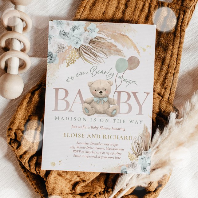 Invitation Boho Teddy Bear Sage Green Bearly Wait Baby shower (Créateur téléchargé)
