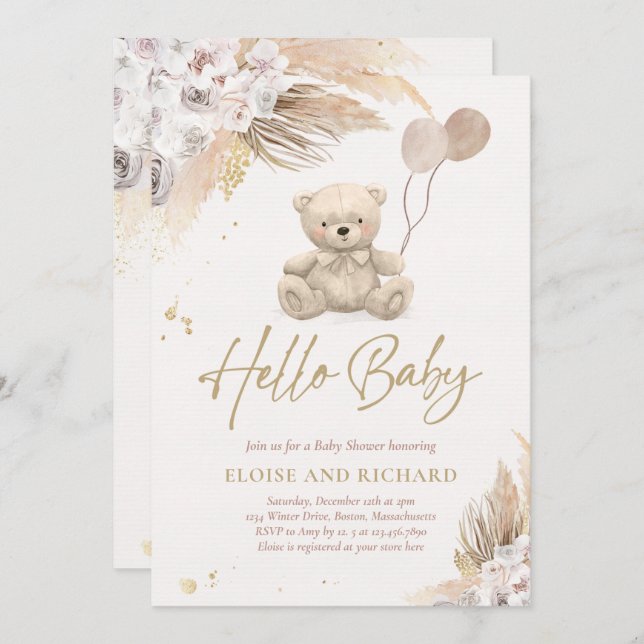 Invitation Boho Teddy Bear Sexe Baby shower neutre (Devant / Derrière)