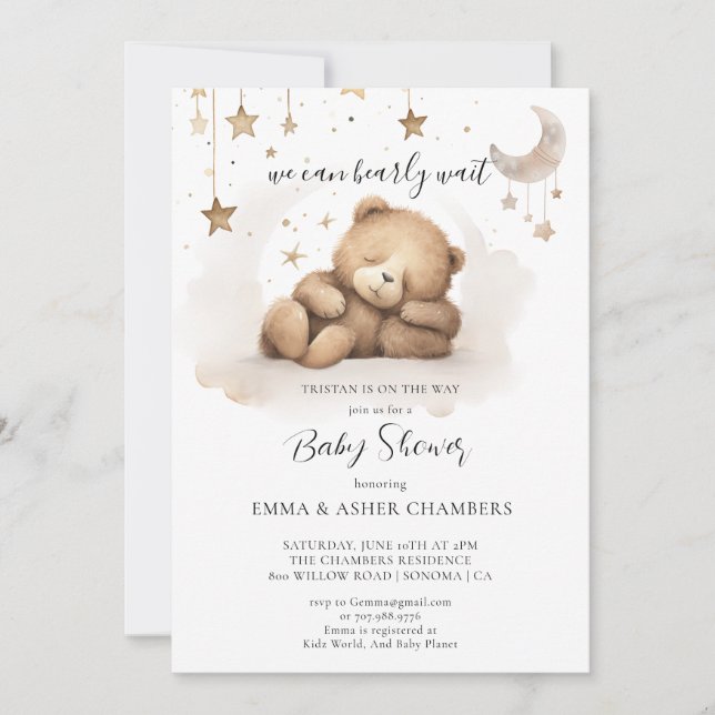 Invitation Boho Teddy Bear Stars Lune Baby shower (Devant)