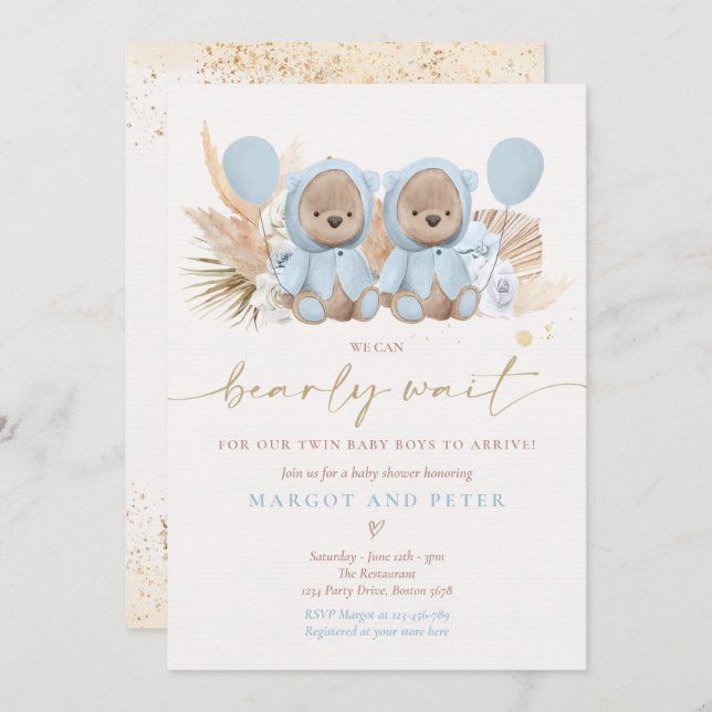 Invitation Boho Teddy Bear Twin Boys Bearly Wait Baby shower (Devant / Derrière)