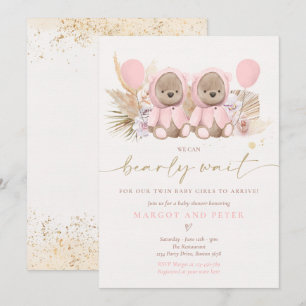Invitation Boho Teddy Bear Twin Girls Bearly Wait Baby shower