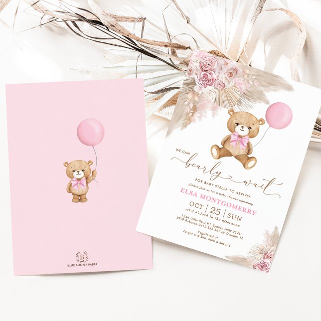 Invitation Boho Teddy Ours Nous Pouvons Attendre Bébé Fille (Créateur téléchargé)