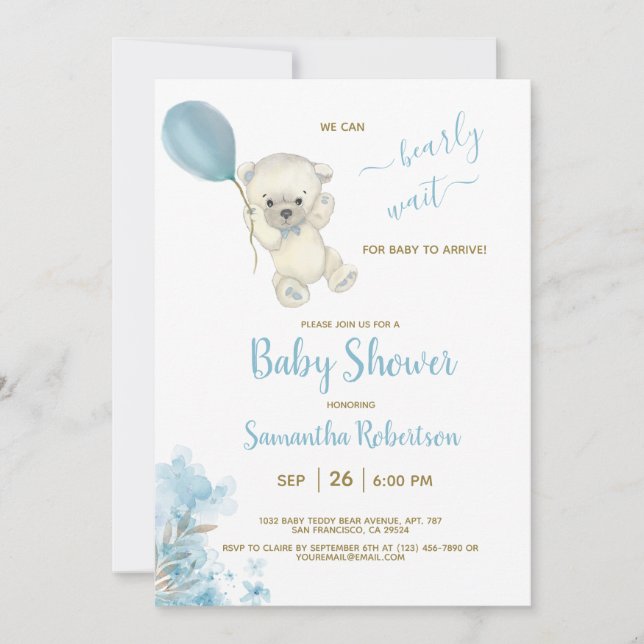 Invitation Boho Teddy Polar Ours Bleu Baby shower garçon de b (Devant)