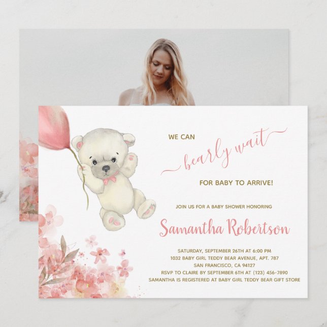 Invitation Boho Teddy Polar Ours rose Pampa Grass Baby shower (Devant / Derrière)
