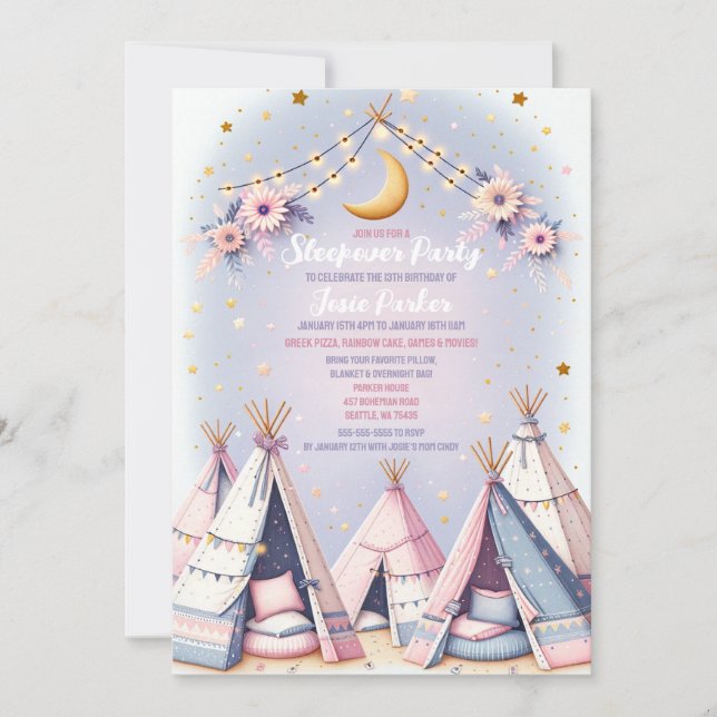 Invitation Boho Teepee Girl Sleepover Parti de bois d'oeuvre (Devant)