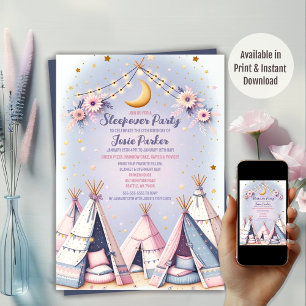 Invitation Boho Teepee Girl Sleepover Parti de bois d'oeuvre