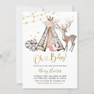 Invitation Boho Teepee rose Floral Baby shower forestier Invi