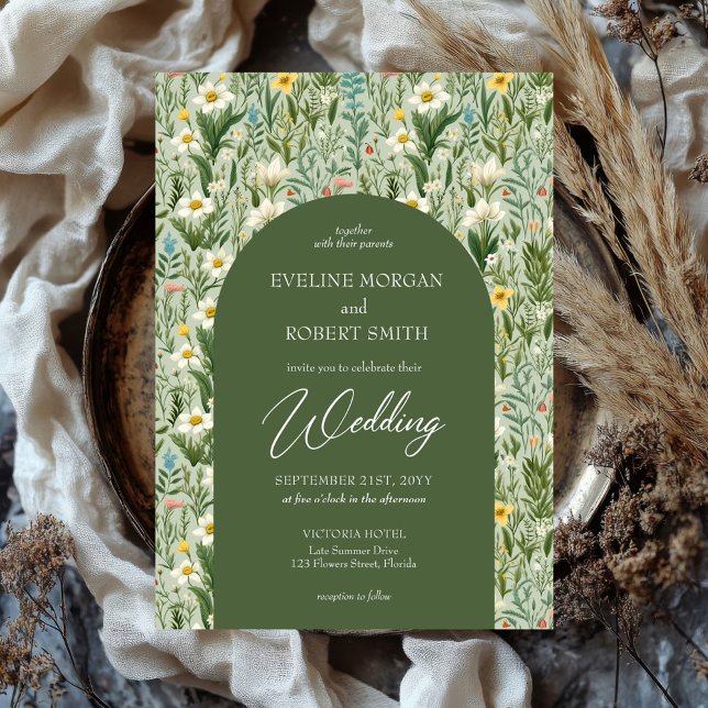 Invitation Boho tendance printemps fleur sauvage arche verte (watercolor boho spring wild flowers green arch wedding invitation)