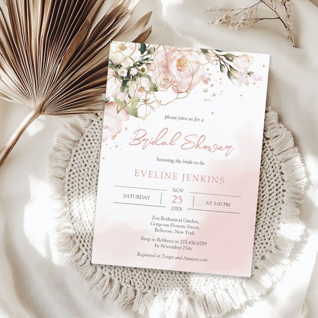Invitation Boho tendance rose et or fleurs eucalyptus (Trendy Boho blush pink and gold flowers eucalyptus Invitation)