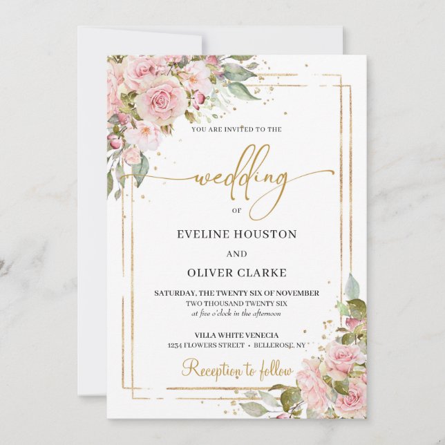 Invitation Boho tendance rose rose poussiéreux roses or cadre (Devant)