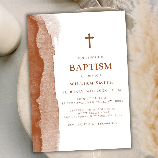 Invitation Boho Terracotta Abstrait Garçon Baptême (Modern Boho Terracotta Abstract Boy Baptism Invitation)