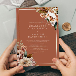 Invitation Boho Terracotta Aquarelle Fleurs Mariage d'automne