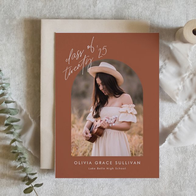 Invitation Boho Terracotta Arch Photo Graduation (Graduation Invitation Featuring Arch Photo, Handwriting Script, and Terracotta Background)