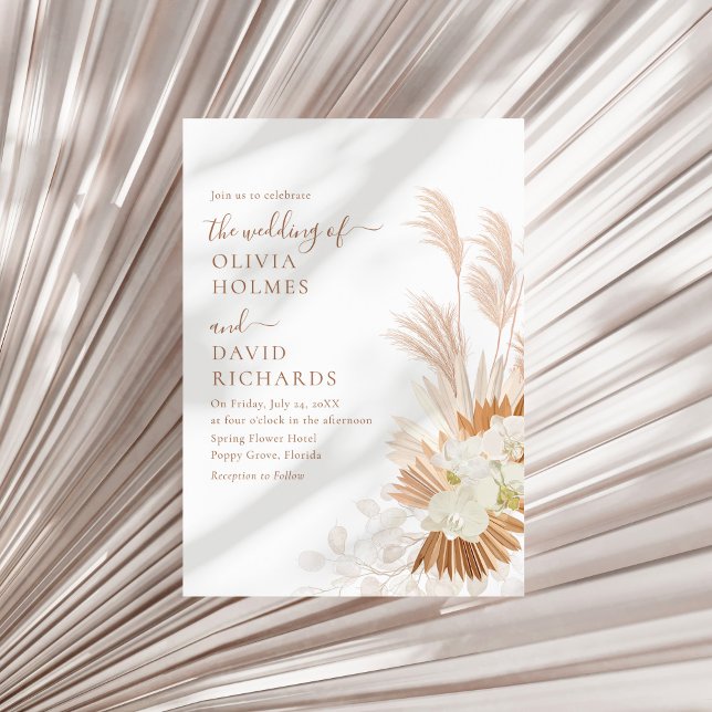 Invitation Boho Terracotta Blanc Pampas Grass Orcid Mariage (Boho Terracotta White Pampas Grass Orcids Wedding Invitation on a sunny neutral dry palm leaf.)
