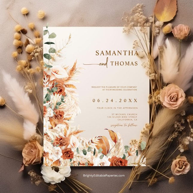 Invitation Boho Terracotta Botanique Pampas Elegance Mariage (Créateur téléchargé)